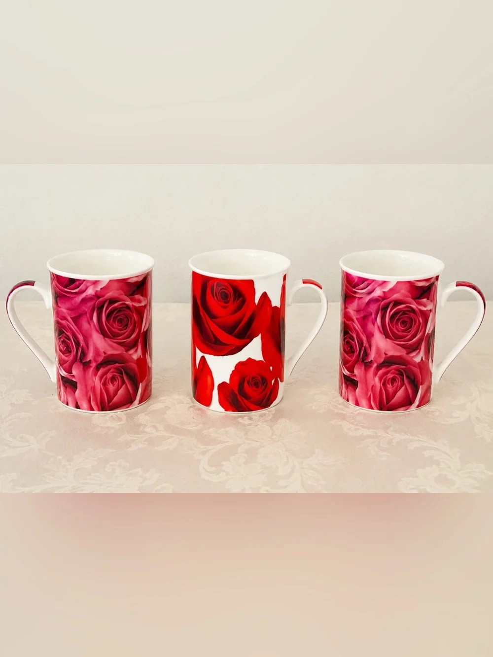 Rose Print Latte Mug Set Pink Floral Cottagecore Tea Coffee Cups NWOB